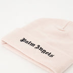 pink wool beanie, Palm Angels beanie, embroidered logo hat, Autumn-Winter 2023 accessory, women's winter hat