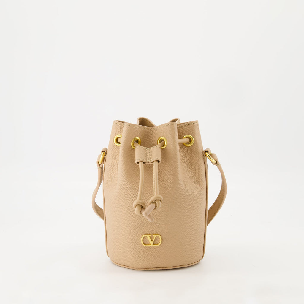 Valentino bucket bag, beige handbag, VLogo bag, grained calfskin bag, adjustable shoulder bag