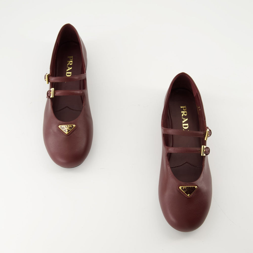 Prada ballerinas, bordeaux leather shoes, adjustable strap ballerinas, rounded toe flats, nappa leather footwear