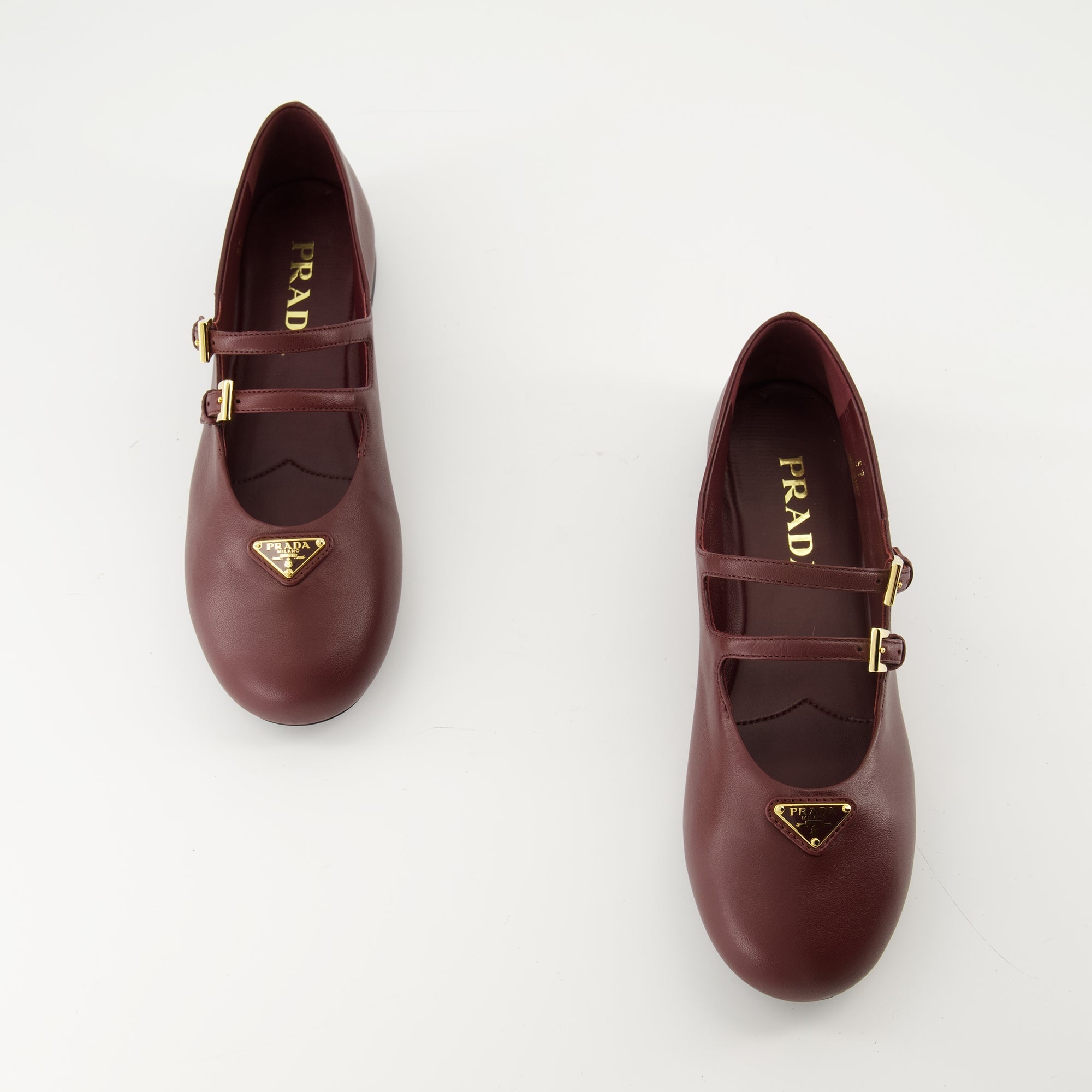Prada ballerinas, bordeaux leather shoes, adjustable strap ballerinas, rounded toe flats, nappa leather footwear