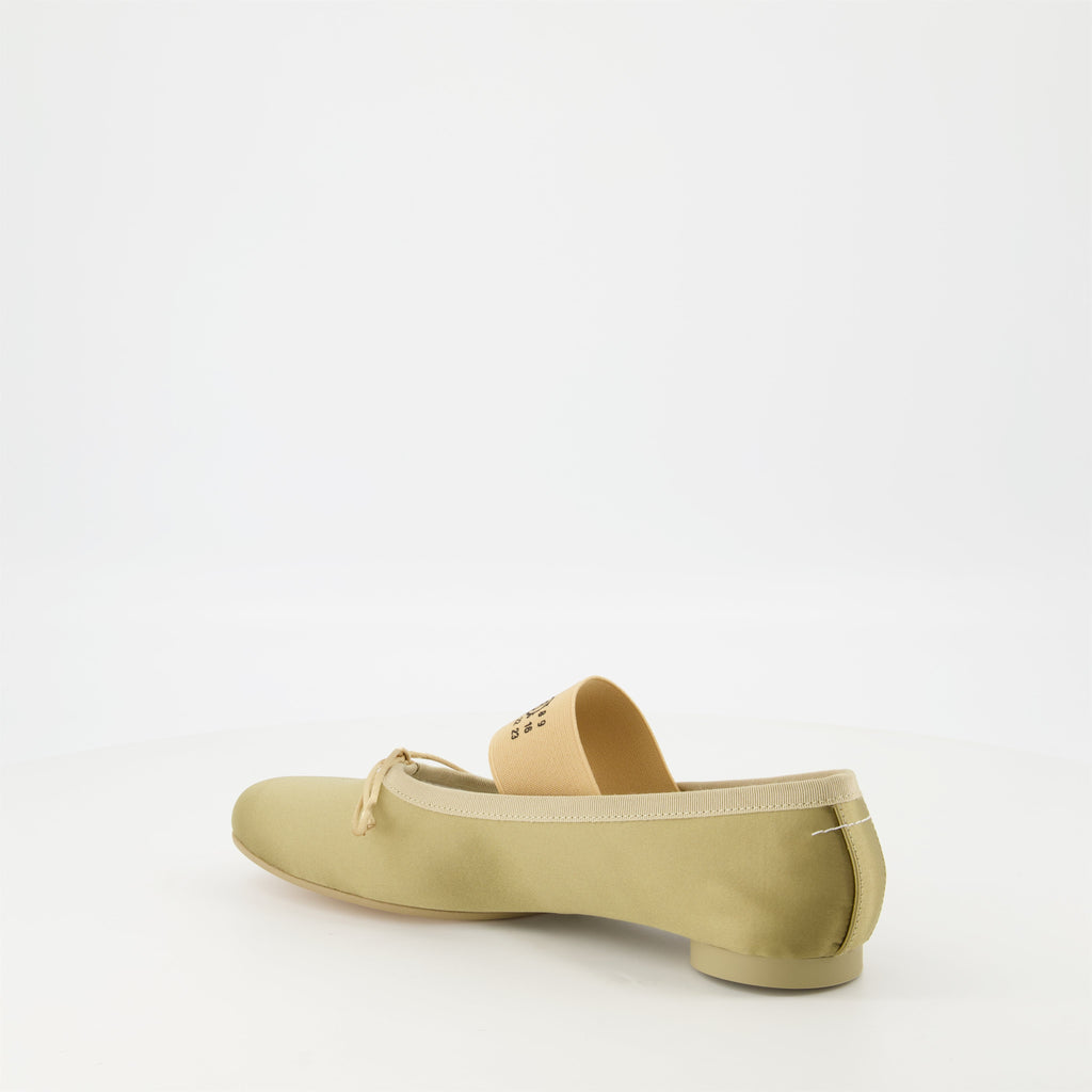 khaki ballerines, satin shoes, MM6 design, anatomical shape, comfortable flats