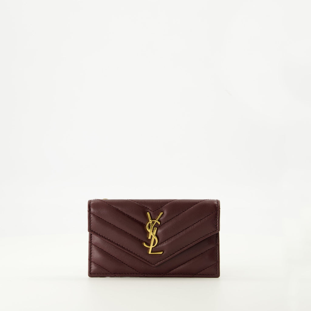 Saint Laurent cardholder, luxury accessories, burgundy leather wallet, YSL logo cardholder, quilted leather wallet