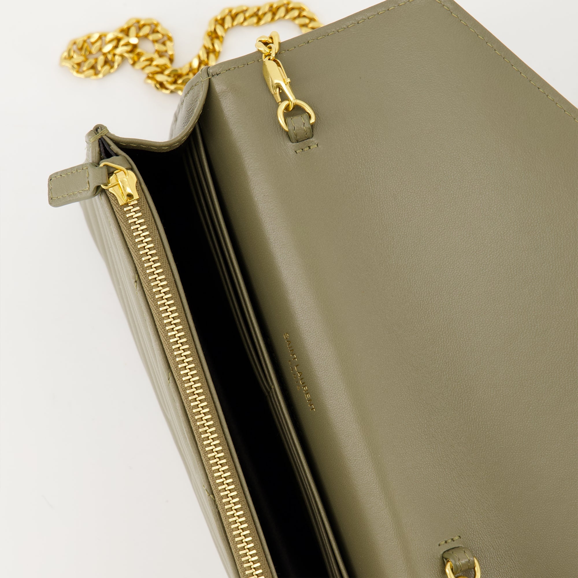 Kaki Chain Envelope Wallet, Saint Laurent wallet, grained lamb leather wallet, metal logo wallet, beige designer wallet