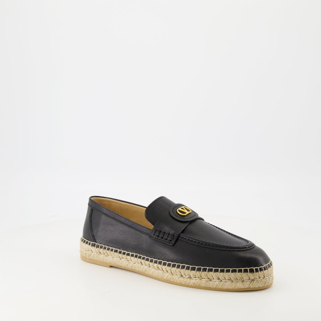 black leather espadrilles, VLogo espadrilles, designer footwear, slip-on espadrilles, Valentino Garavani