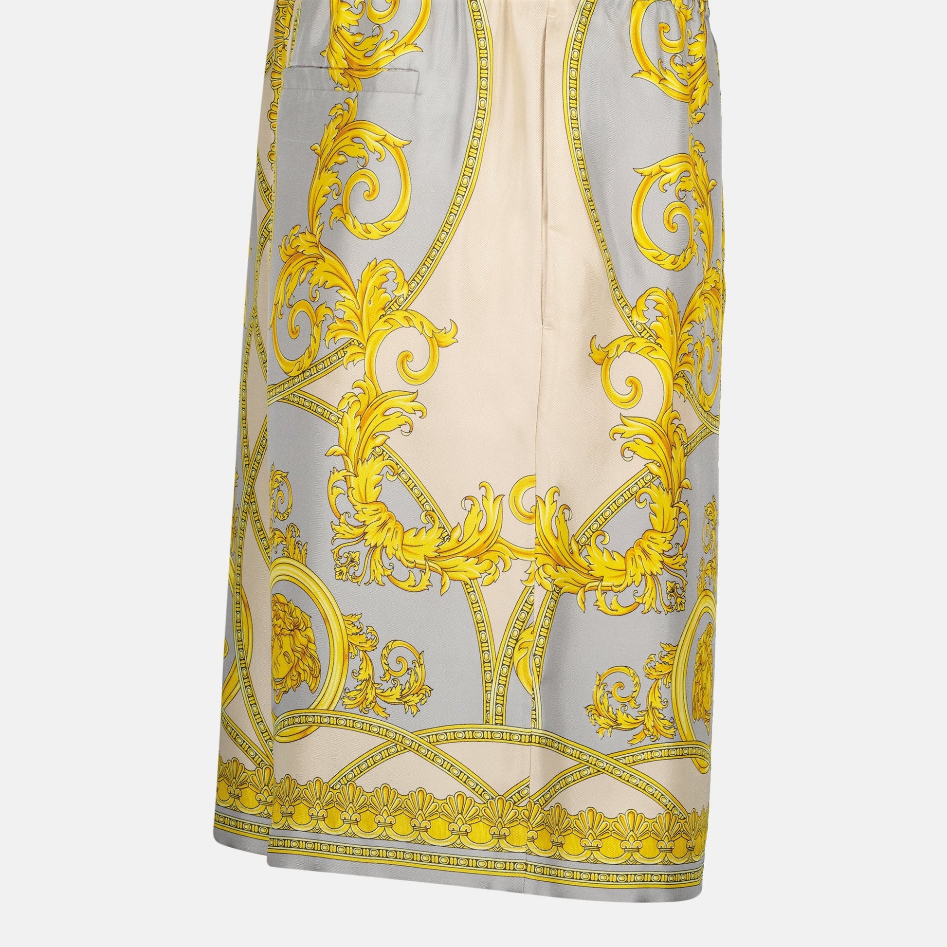 silk shorts, Greek mythology print, Autumn-Winter 2024, luxury menswear, premium silk