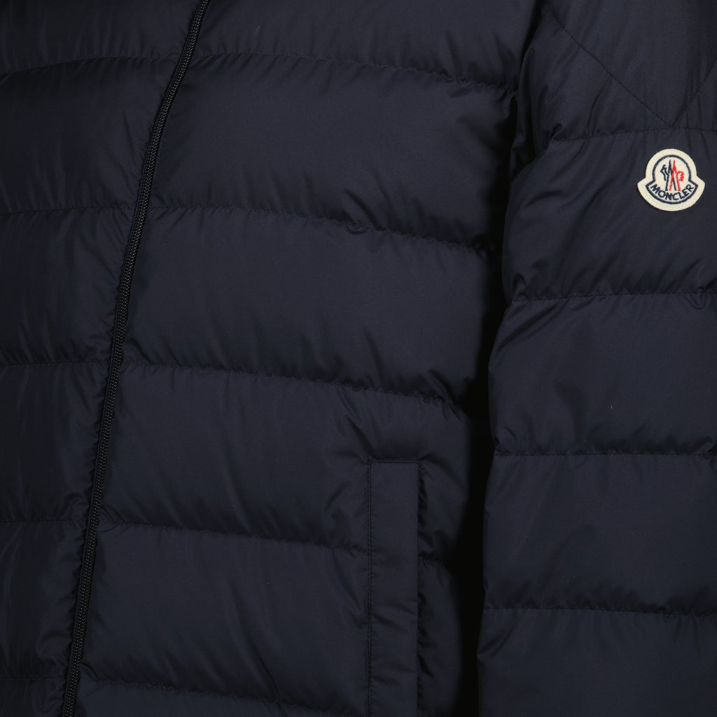 blue down jacket, winter outerwear, Moncler jacket, recycled materials, stylish outerwear