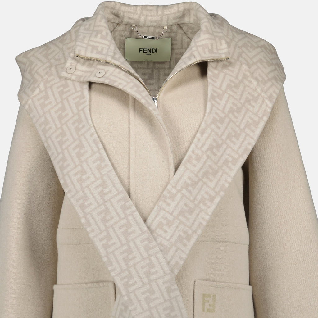 Fendi parka, greige wool parka, women's outerwear, removable hood, Autumn-Winter collection