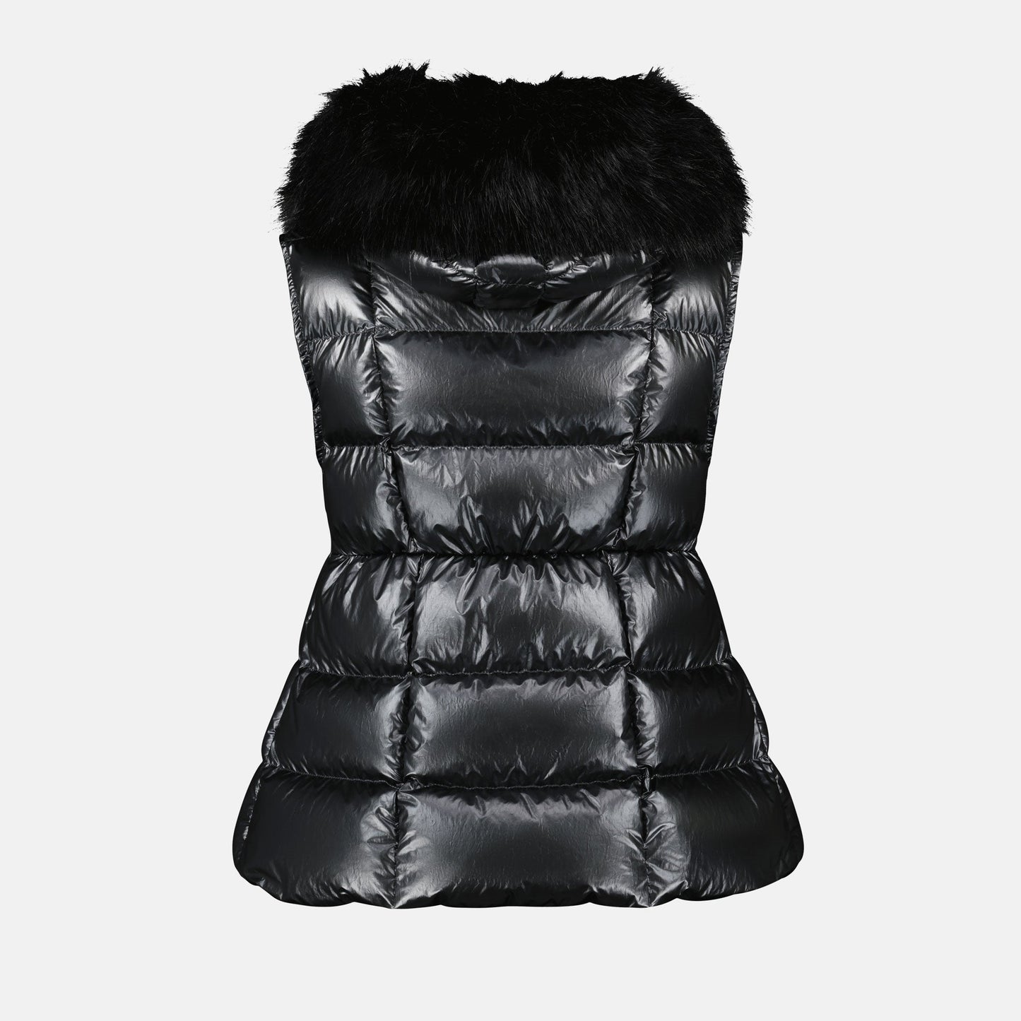 sleeveless down jacket, luxury outerwear, black nylon jacket, Moncler Autumn-Winter 2024, fur collar jacket