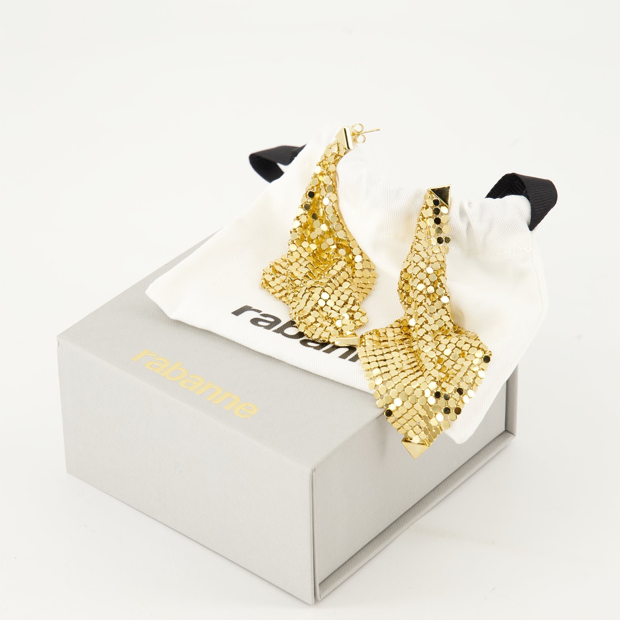 pixel earrings, golden earrings, metallic mesh, Rabanne earrings, contemporary accessories