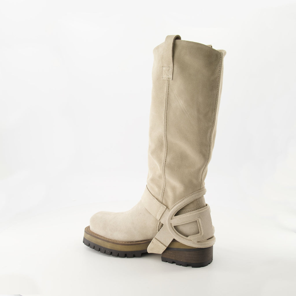 beige suede boots, Diesel Texan boots, mid-height boots, leather sole boots, Spring-Summer 2025 collection