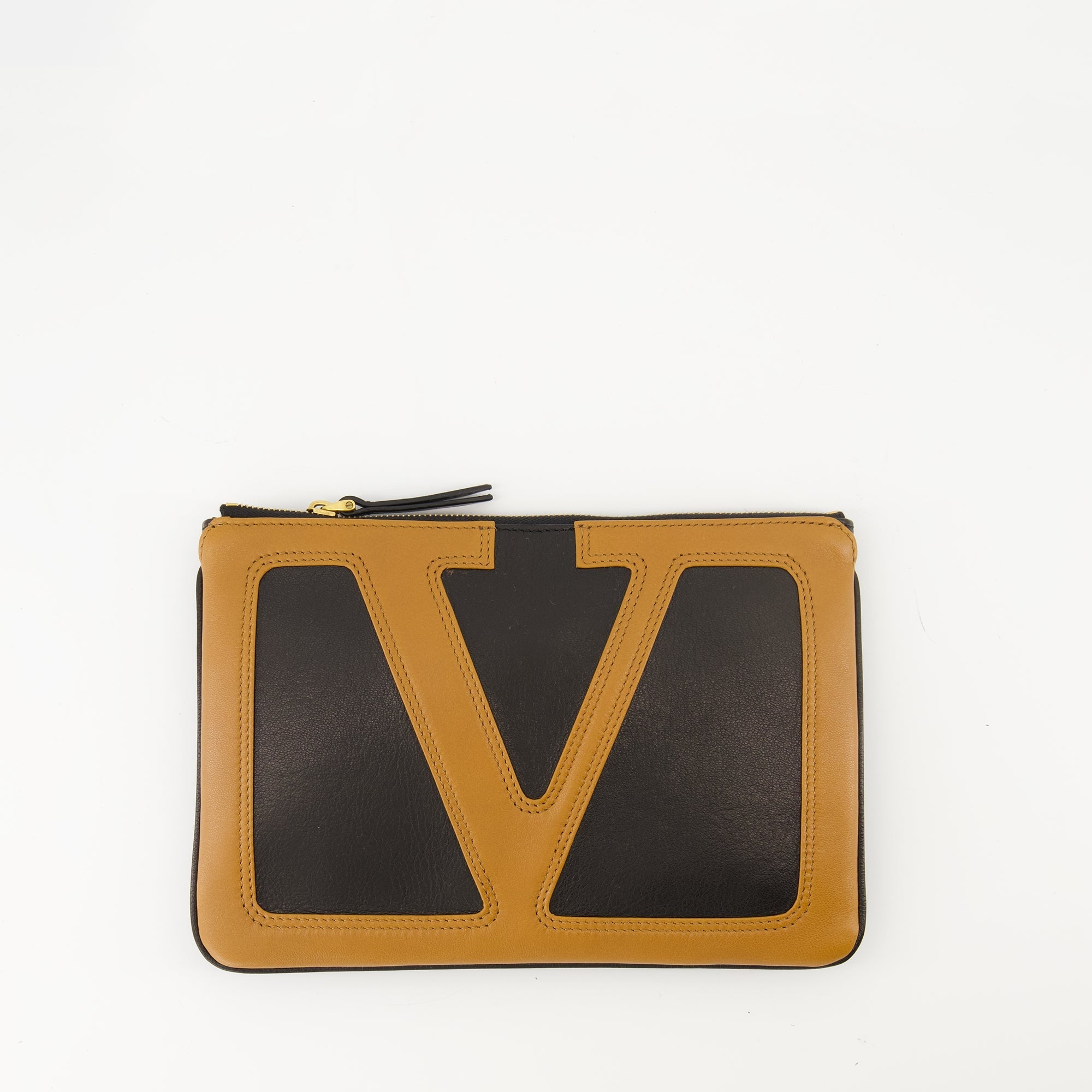 nappa leather pouch, Valentino Garavani accessory, zip closure pouch, black and brown pouch, VLogo Signature