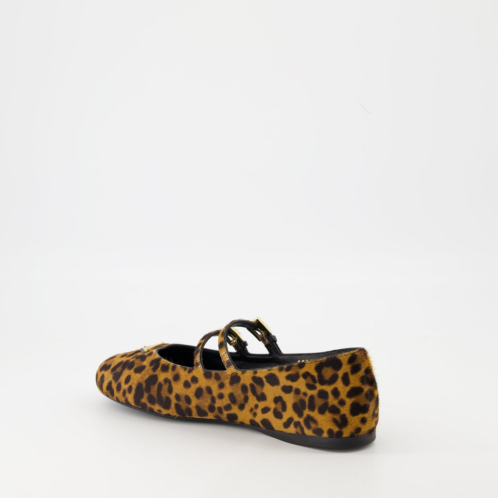 Prada ballerinas, leopard print shoes, calf leather flats, designer footwear, adjustable strap ballerinas