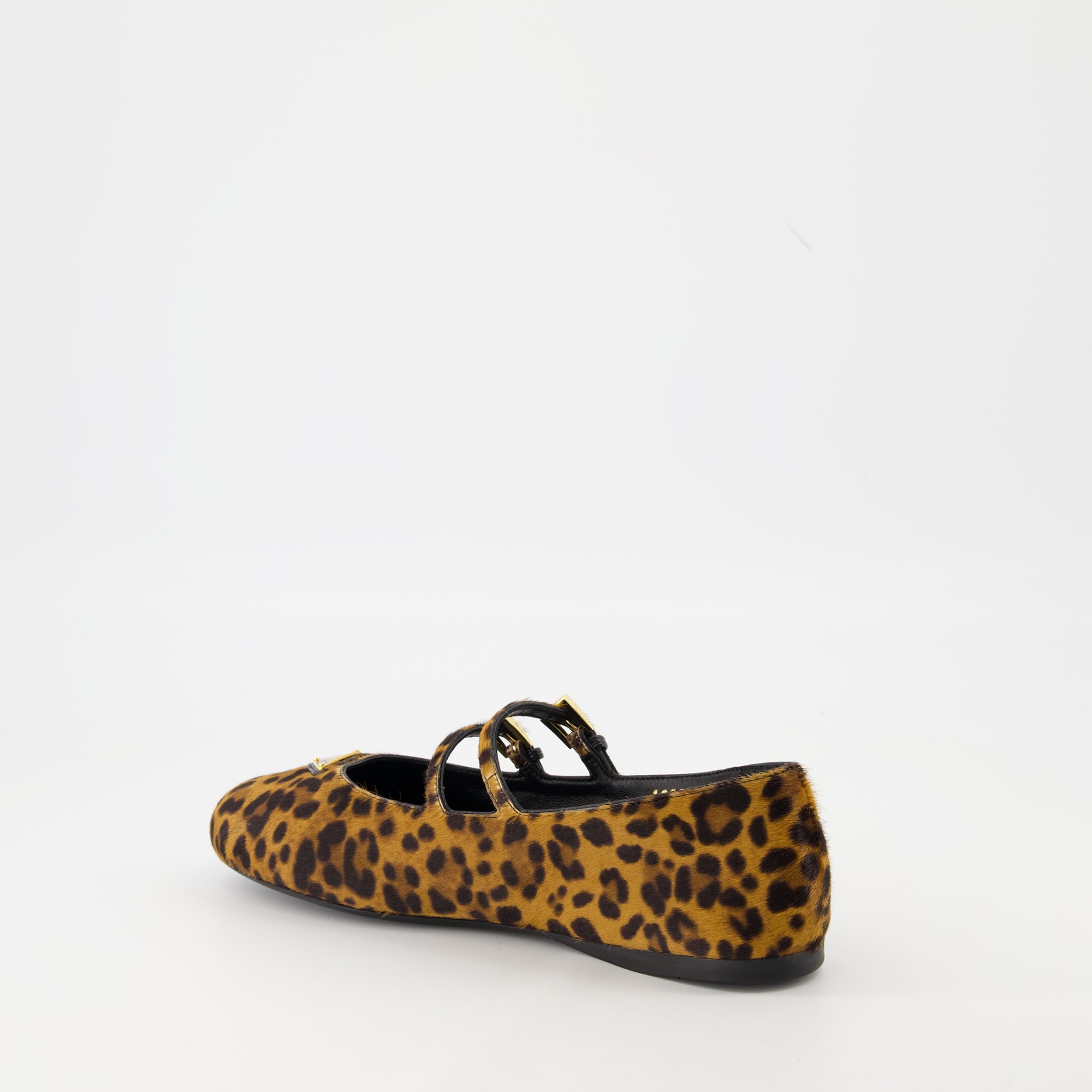 Prada ballerinas, leopard print shoes, calf leather flats, designer footwear, adjustable strap ballerinas