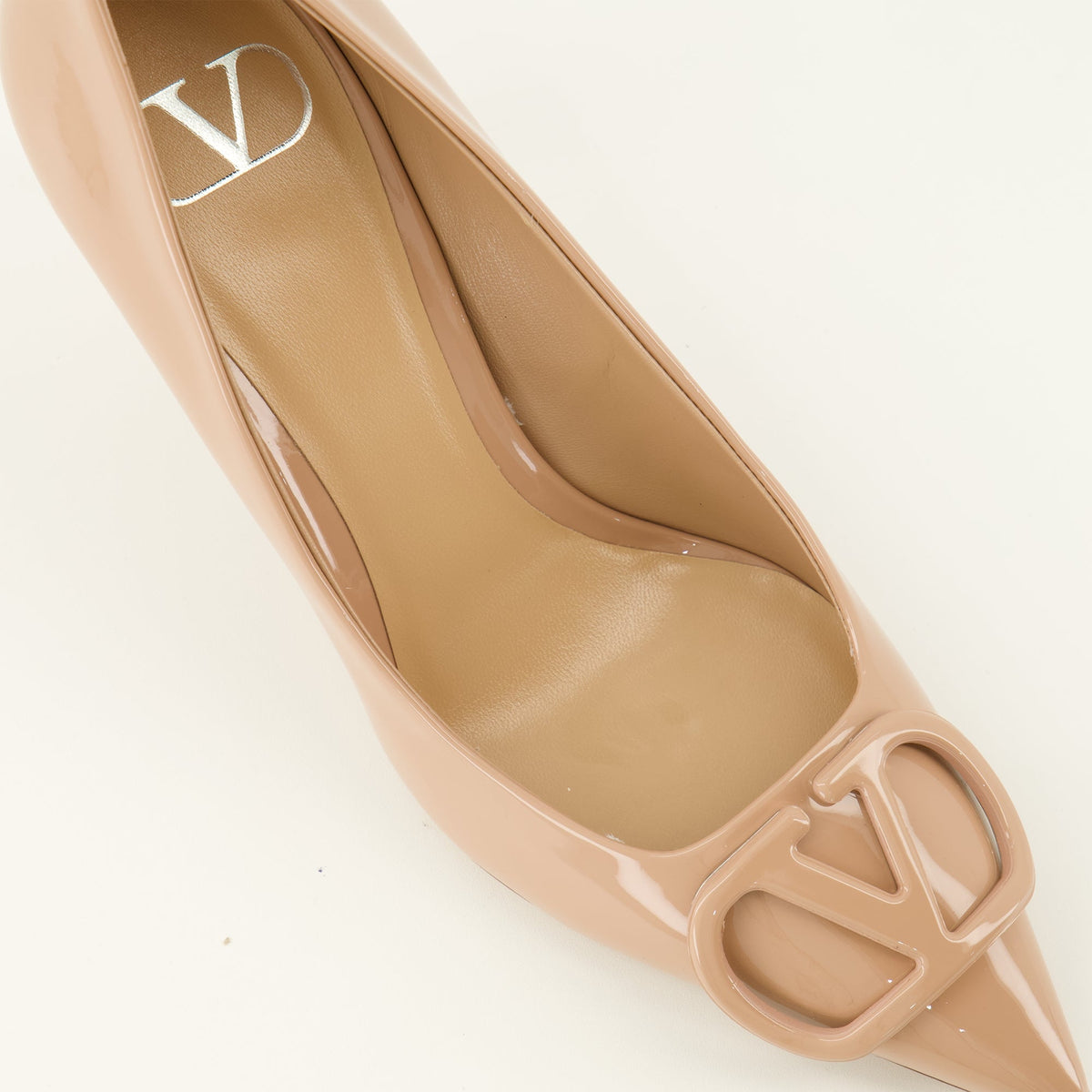 Beige Patent Leather VLogo Pumps