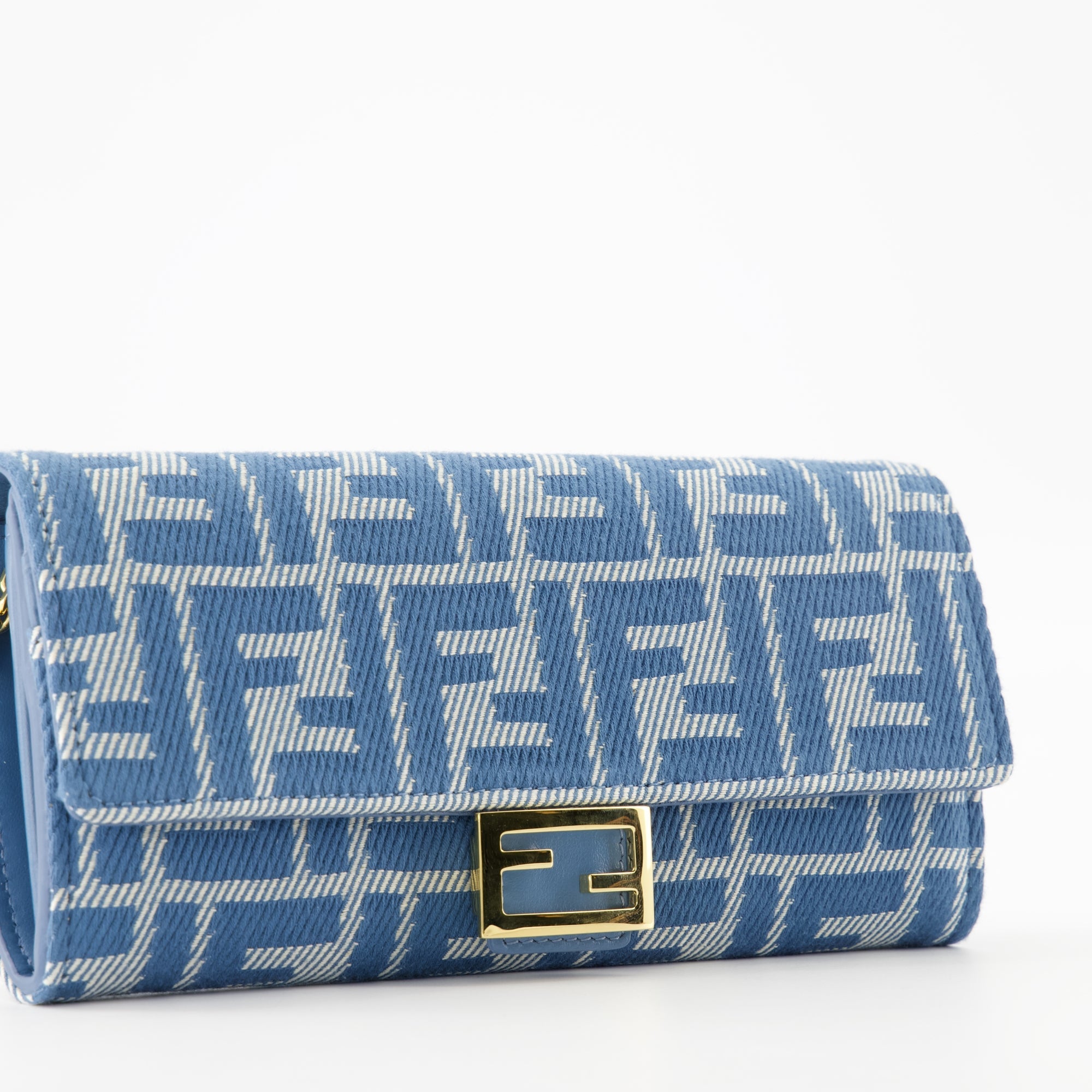 Fendi wallet, denim effect wallet, continental wallet, designer accessories, jacquard fabric