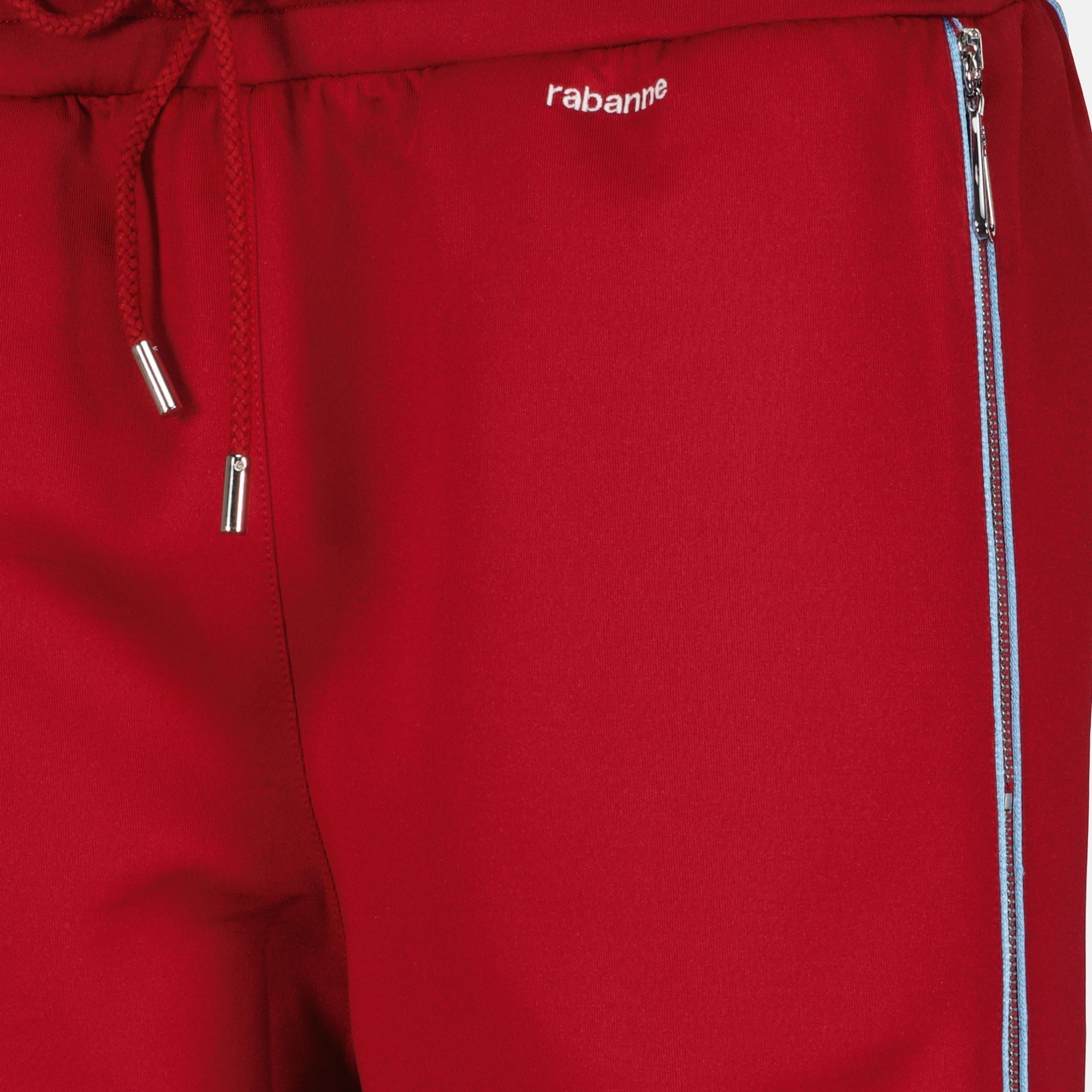 Rabanne jogging bottoms, red zip trousers, comfortable joggers, wide fit pants, casual stylish bottoms