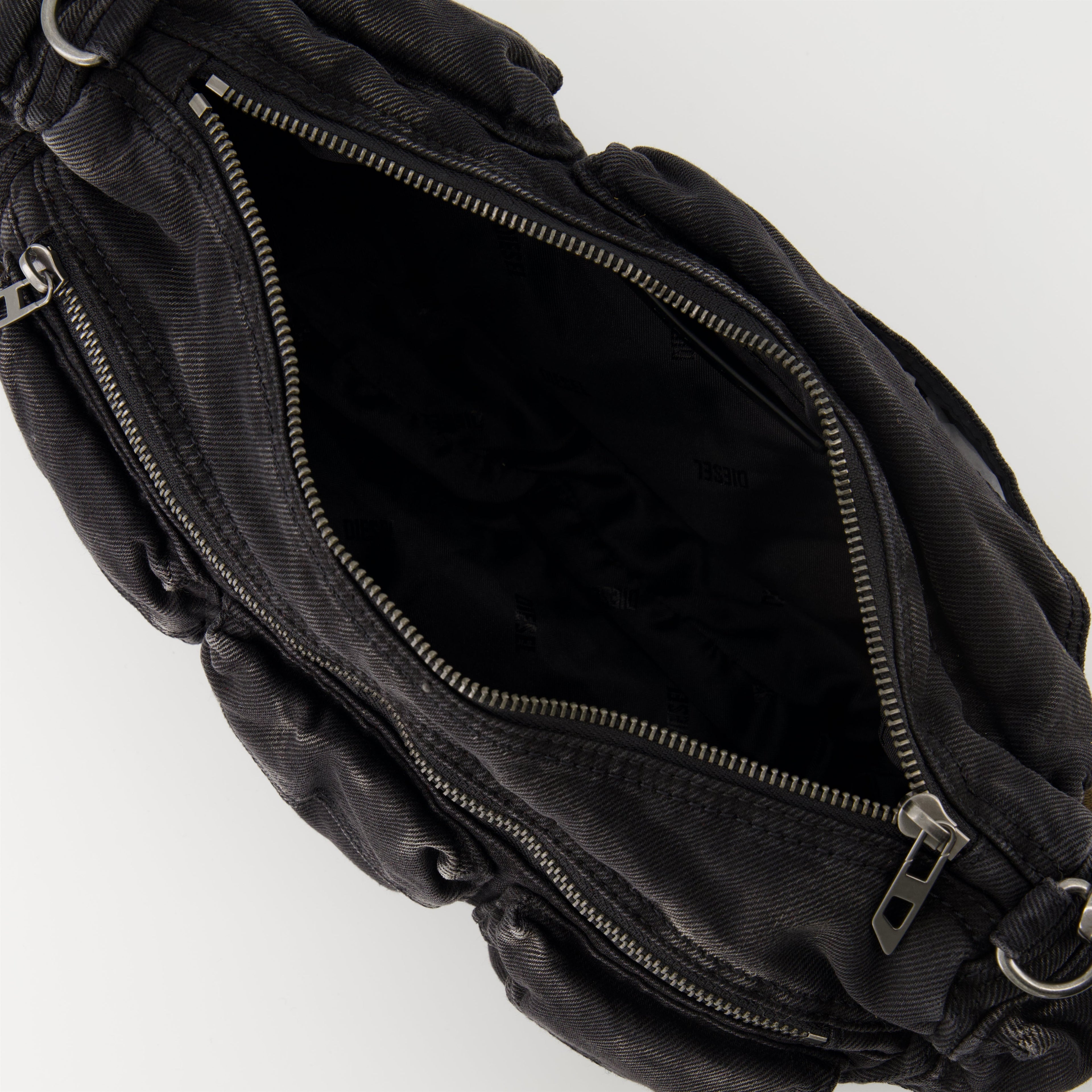 black denim bag, multi-pocket bag, unisex bag, adjustable strap, Diesel bag