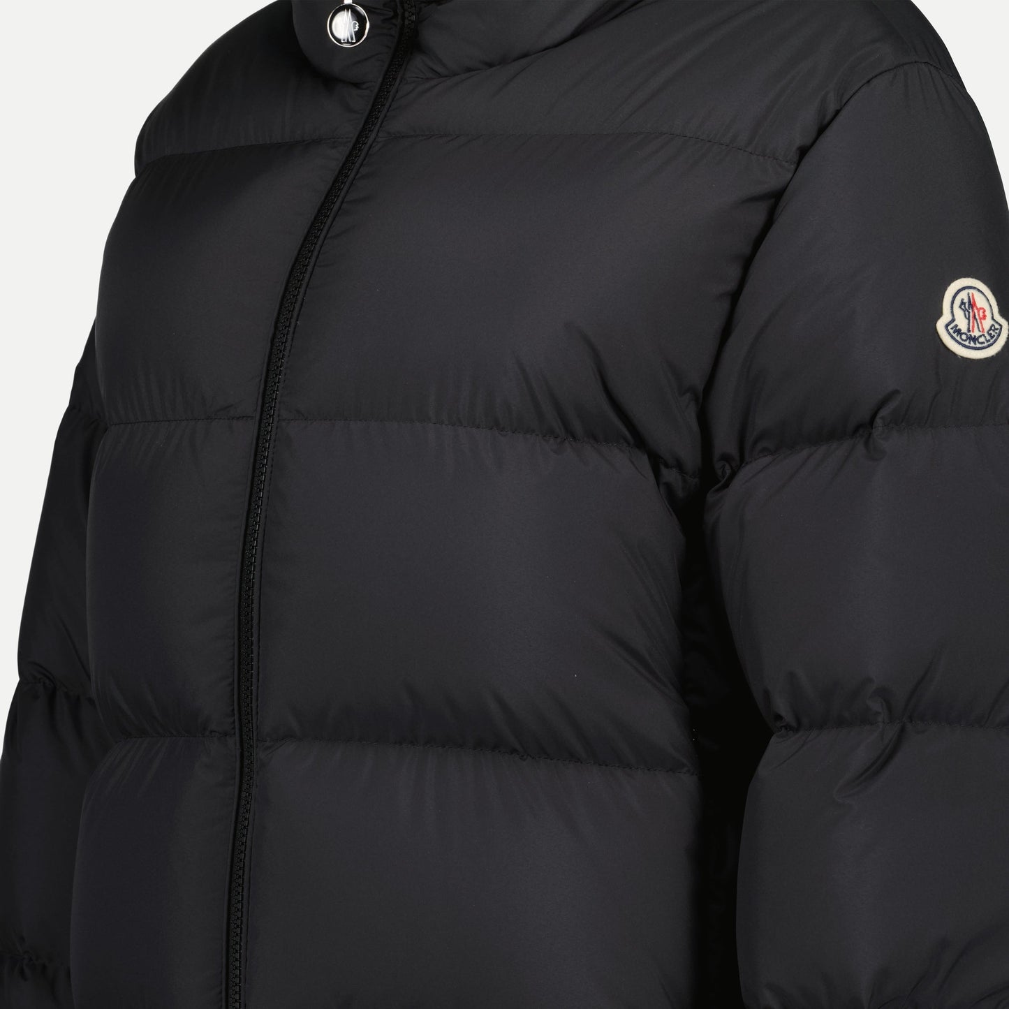 Moncler jacket, black down jacket, high collar jacket, zippered pockets, autumn-winter collection