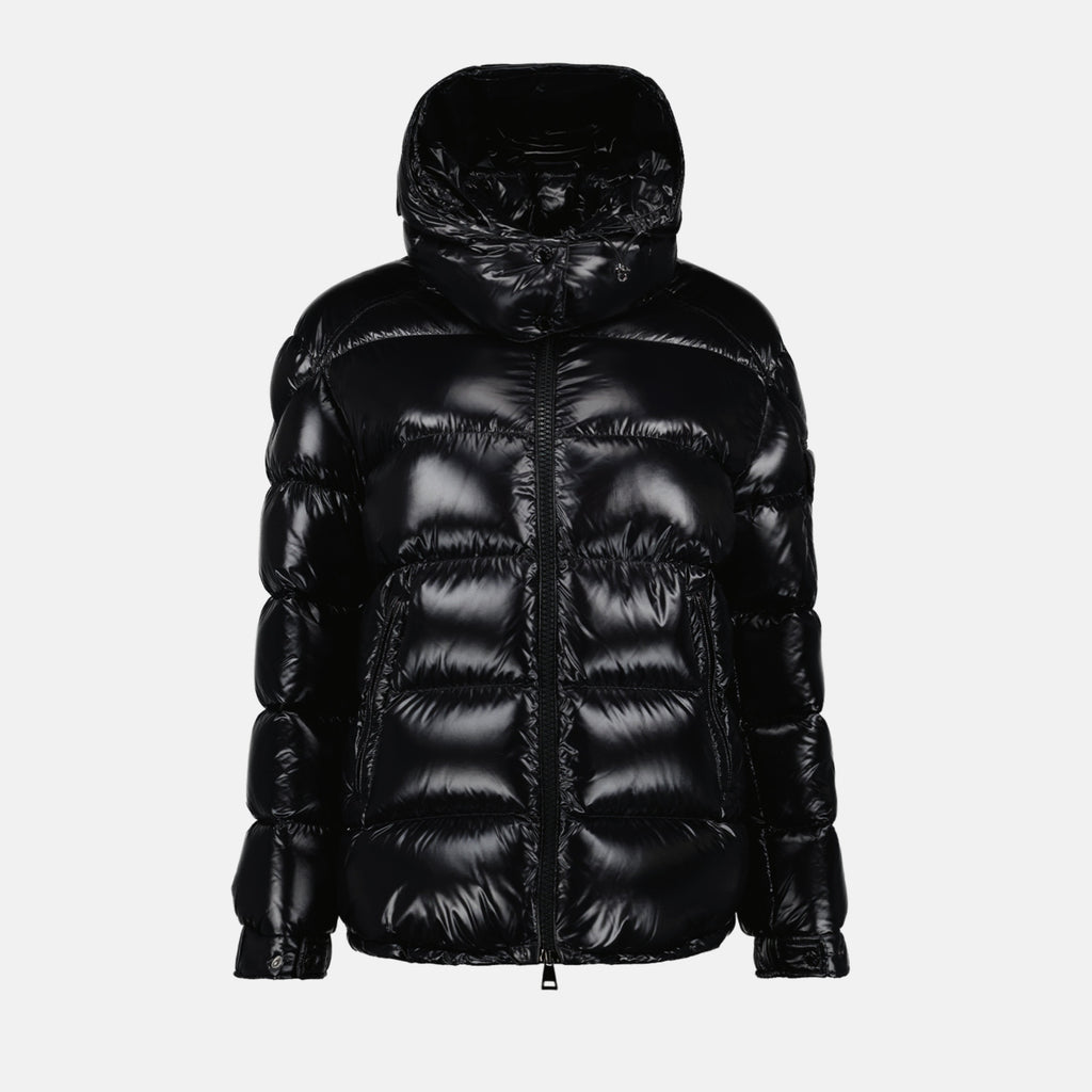Moncler Maire, black down jacket, glossy nylon jacket, removable hood coat, autumn winter outerwear