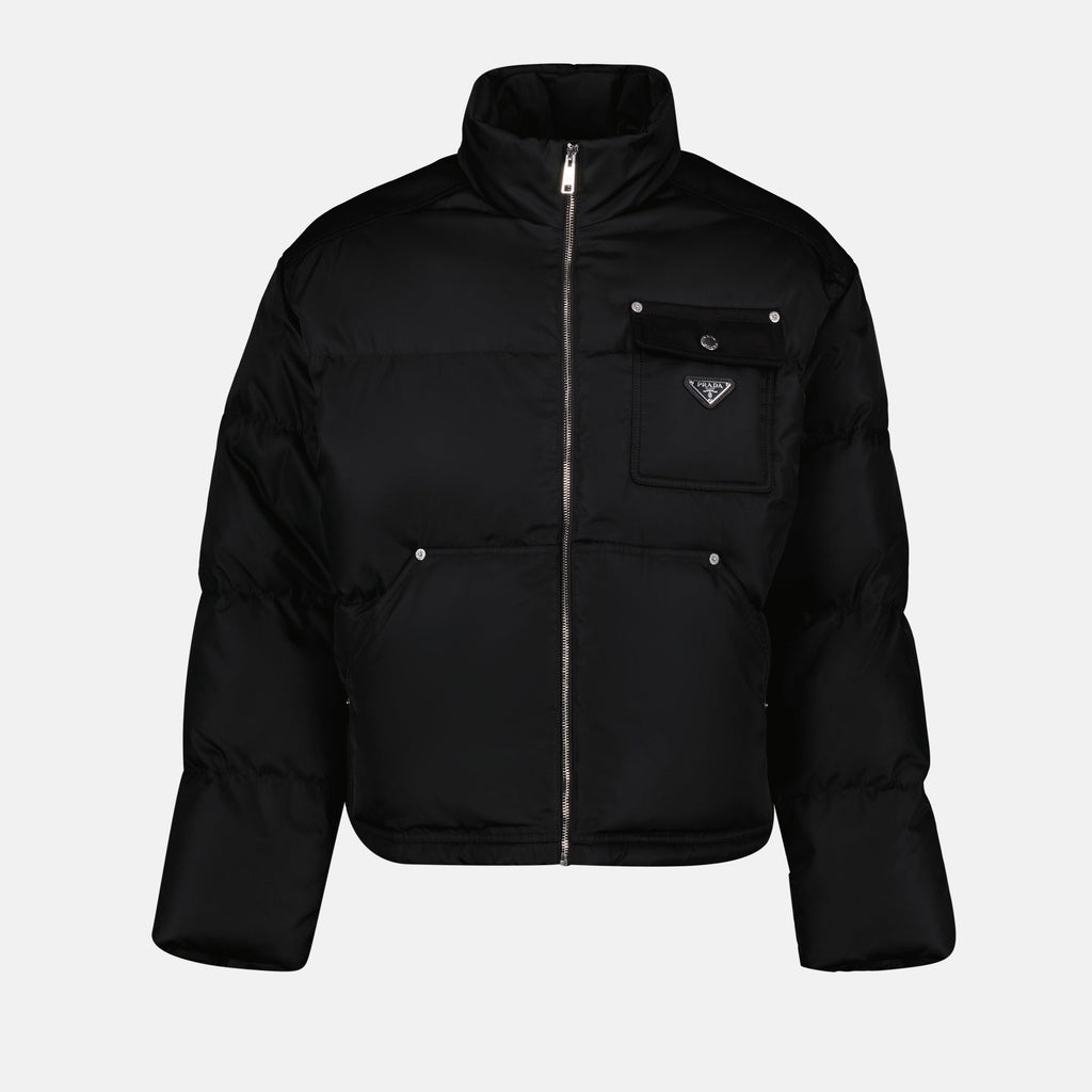 Prada Re-Nylon jacket, luxury down jacket, recycled nylon outerwear, Autumn-Winter fashion, high collar jacket