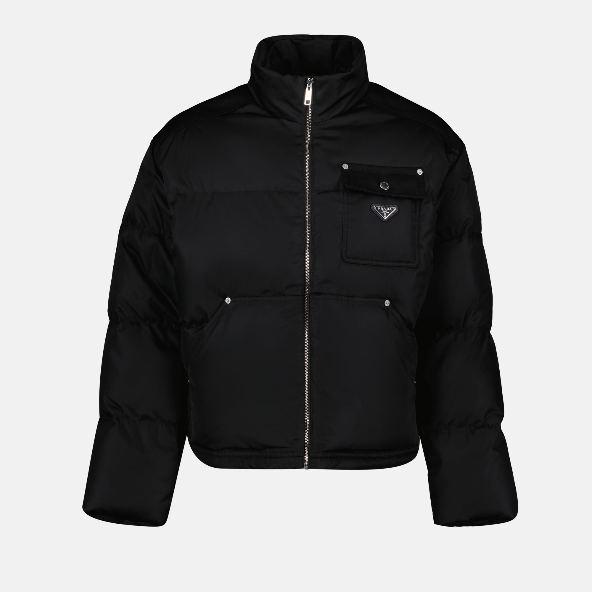 Prada Re-Nylon jacket, luxury down jacket, recycled nylon outerwear, Autumn-Winter fashion, high collar jacket