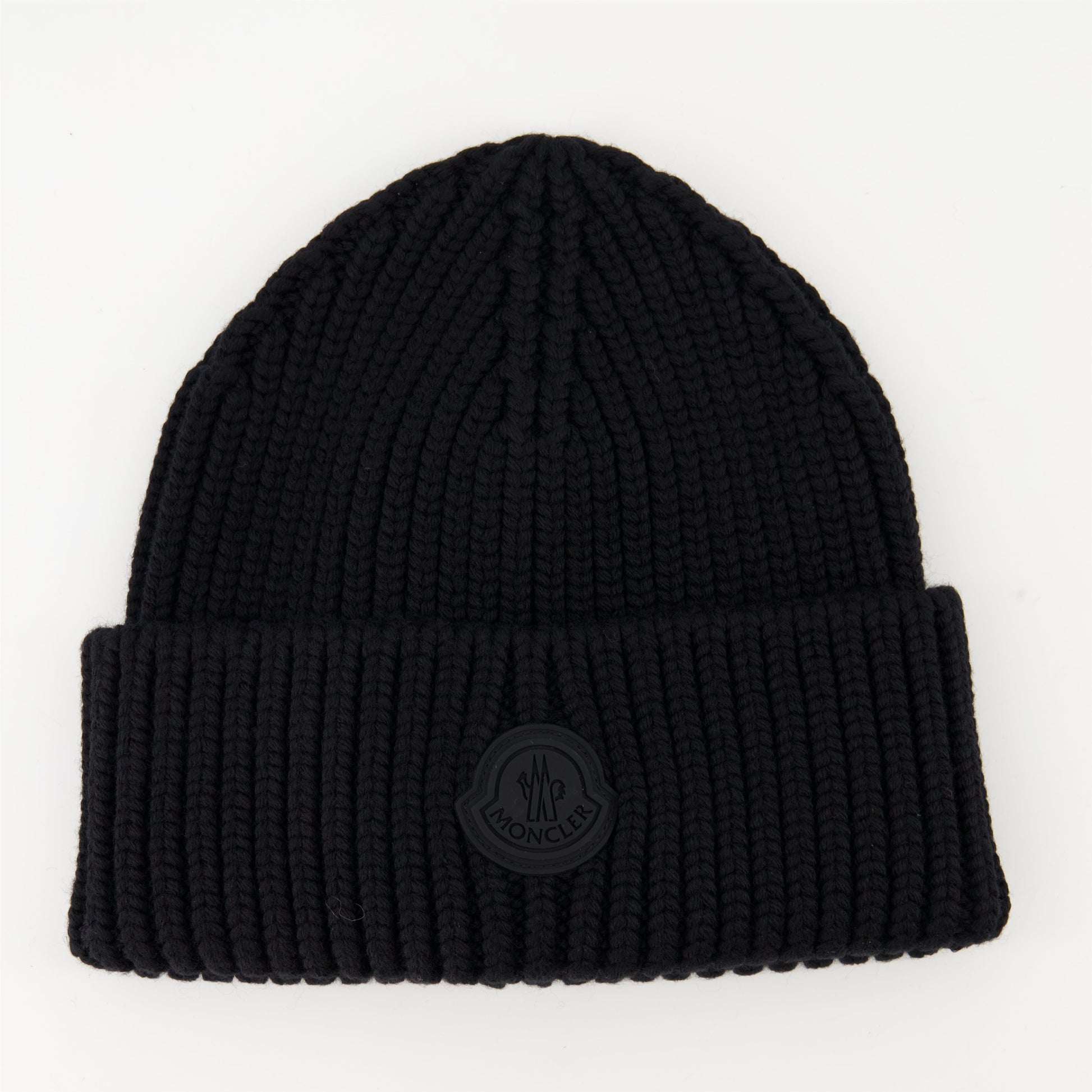 black wool beanie, rib-knit beanie, luxury winter accessories, Moncler beanie, high-end men's fashion