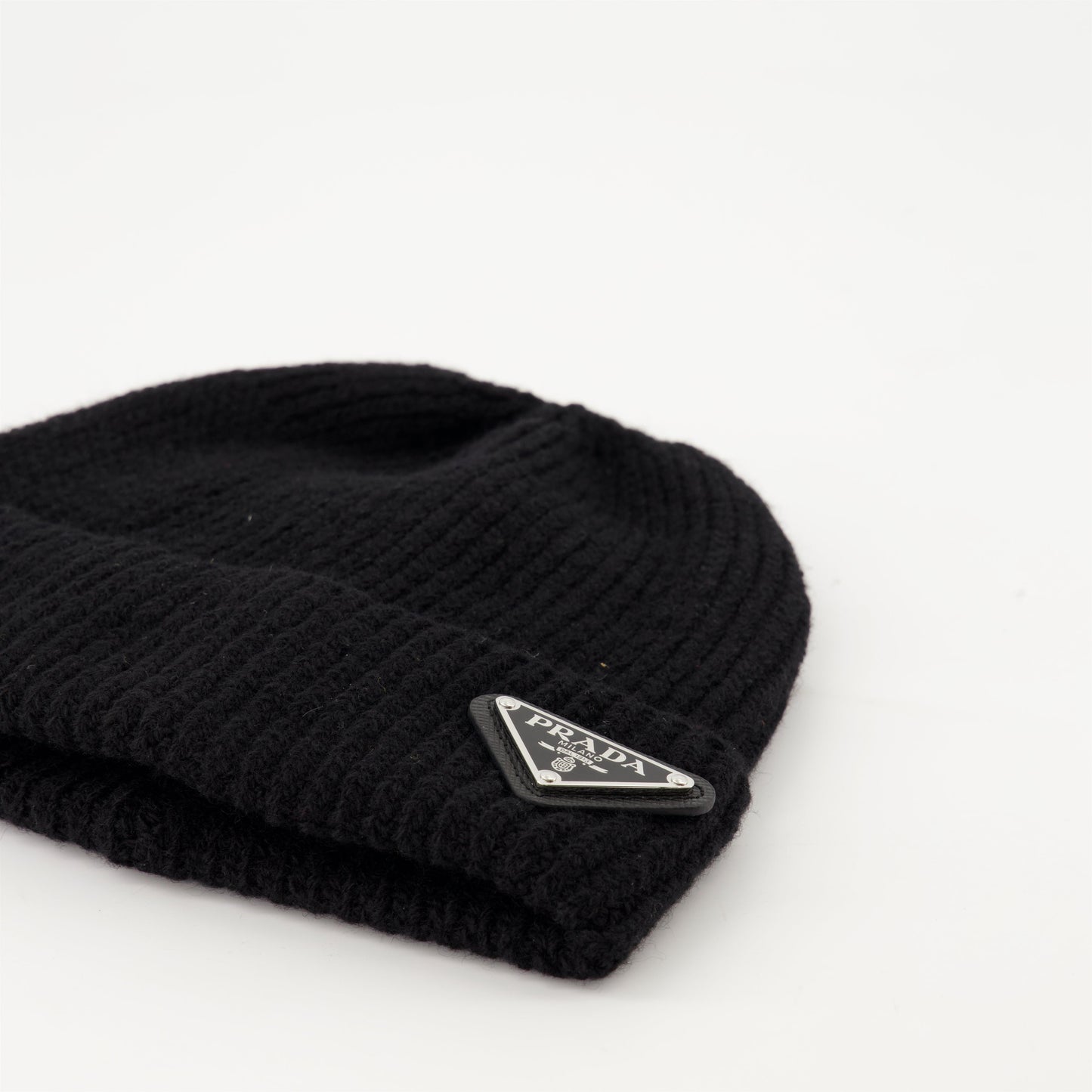 Prada beanie, black wool beanie, luxury beanie, ribbed wool hat, designer winter accessories