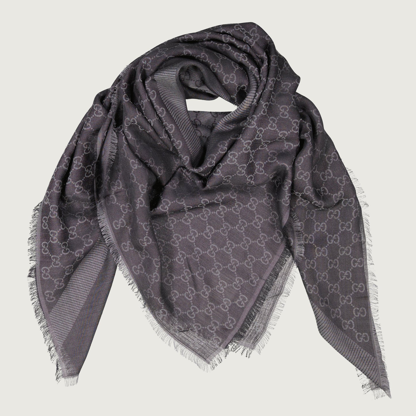 GG scarf, silk scarf, grey scarf, luxury accessories, GG pattern