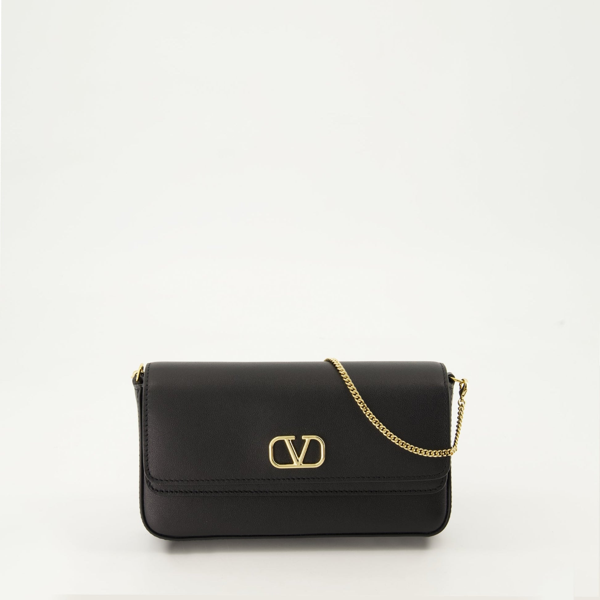 Black leather bag, Mini shoulder bag, Valentino handbag, Chain strap purse, Gold-tone details