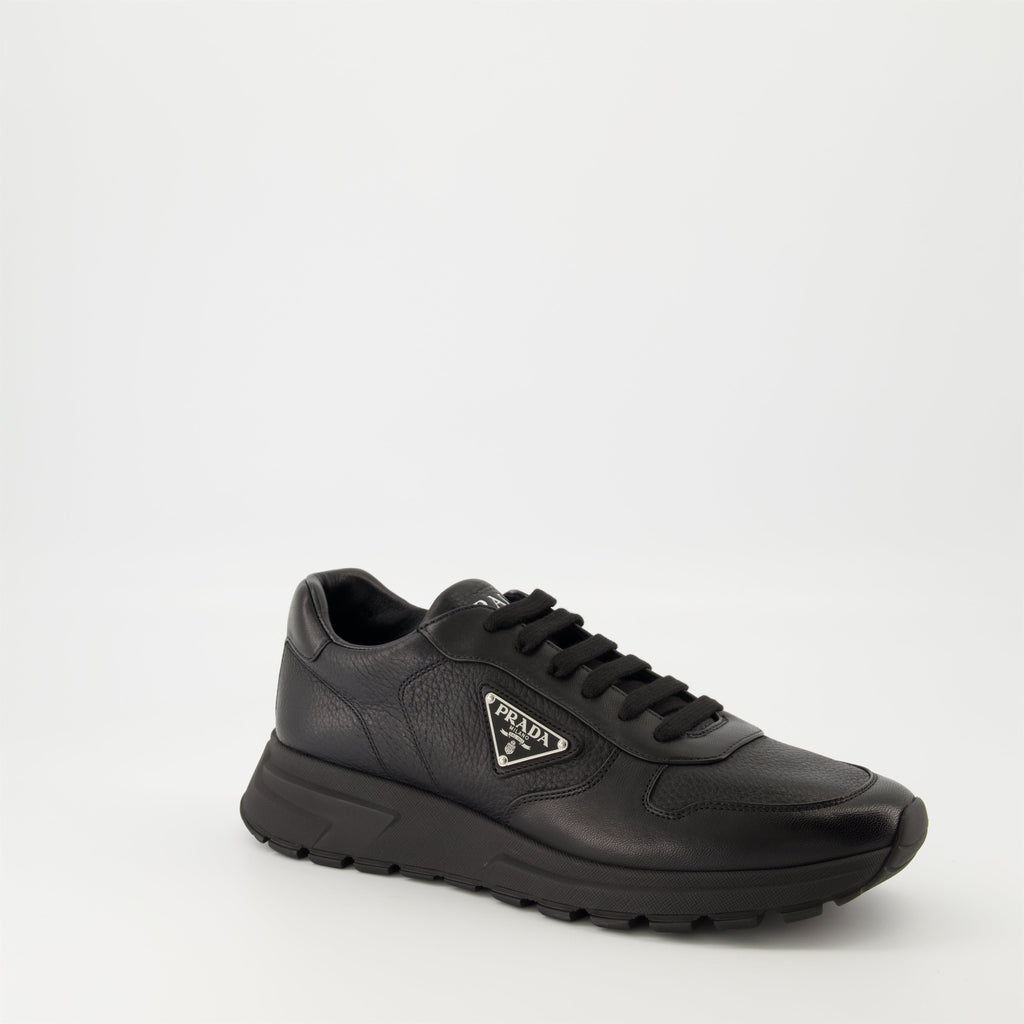 Prada sneakers, black leather sneakers, Prax 01 model, men's footwear, luxury menswear