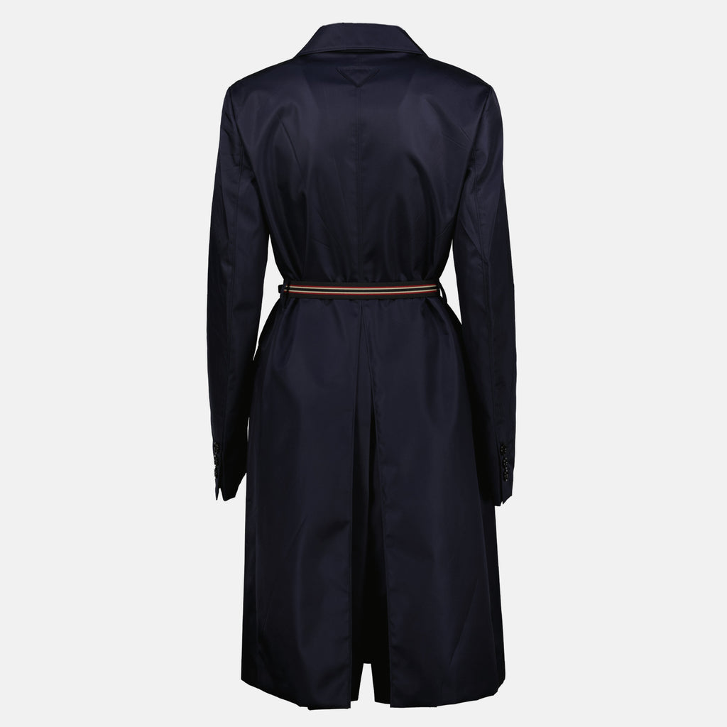 Prada trench coat, recycled nylon coat, navy trench coat, fitted trench coat, detachable belt coat