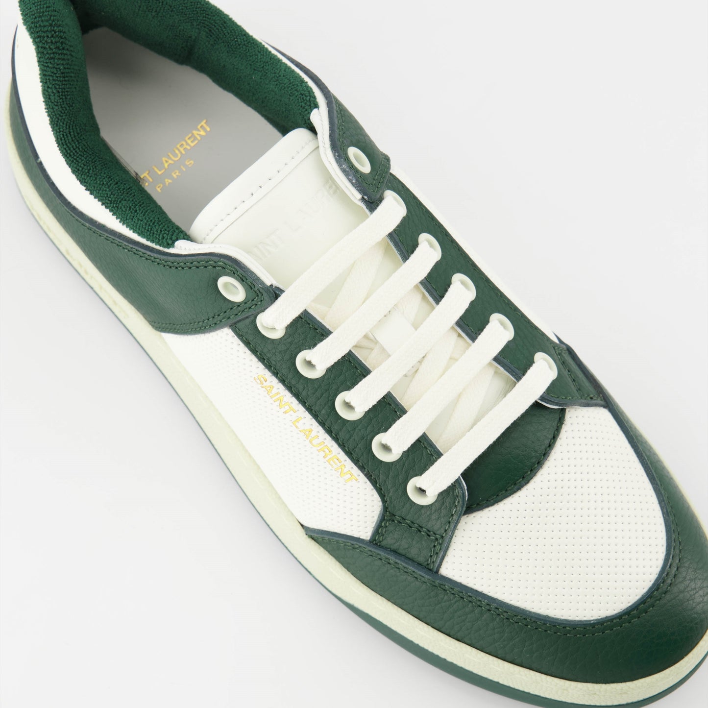 Saint Laurent sneakers, white and green sneakers, luxury footwear, textured leather sneakers, Autumn-Winter 2024 collection