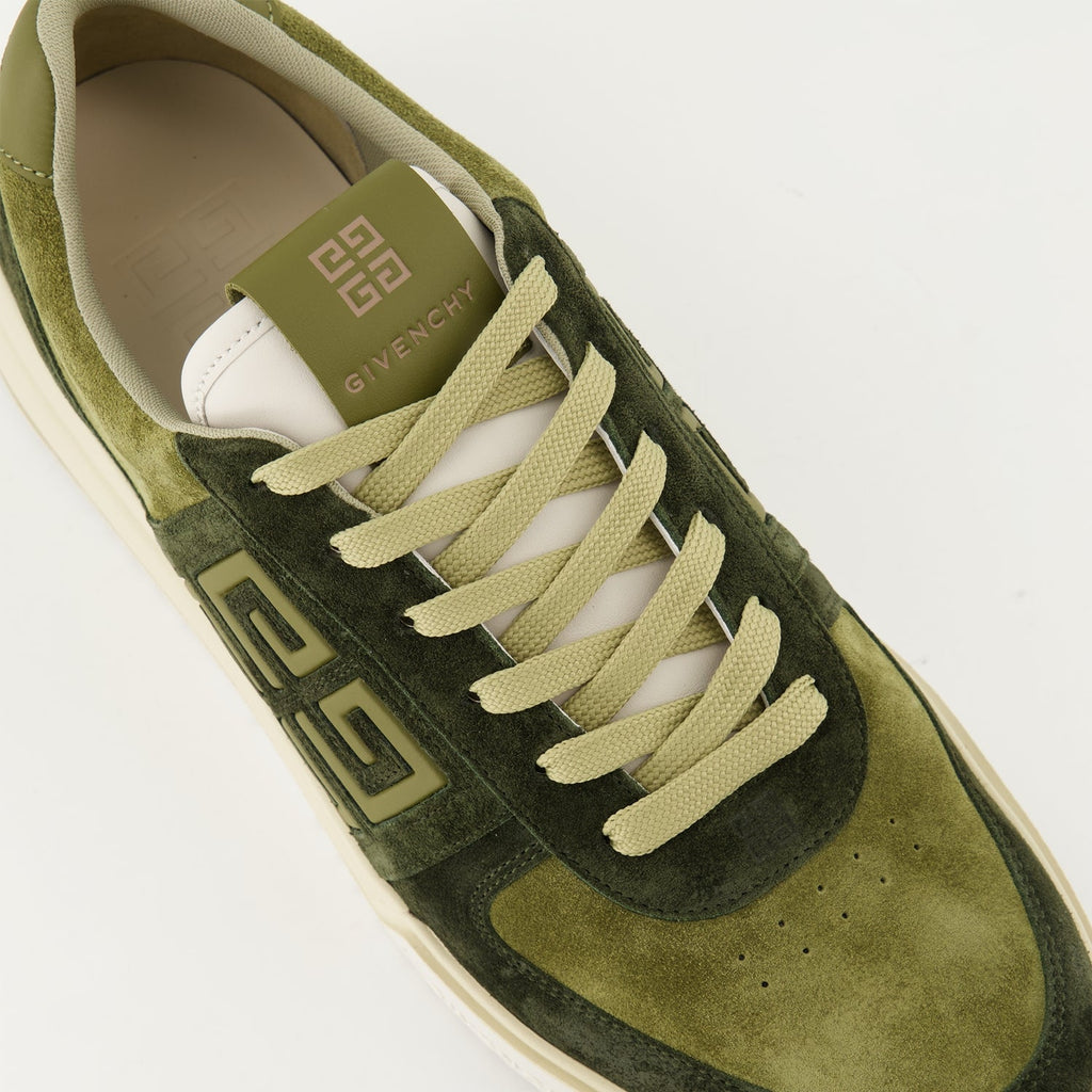 green sneakers, leather sneakers, suede accents, luxury shoes, rubber outsole