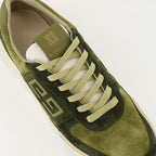 green sneakers, leather sneakers, suede accents, luxury shoes, rubber outsole