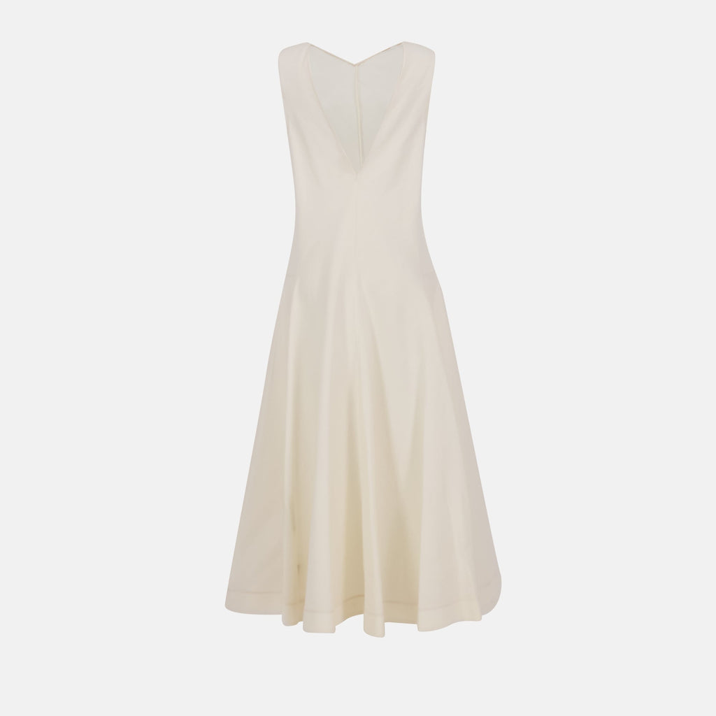 Khaite dress, silk organza dress, V-neck dress, sleeveless dress, beige dress
