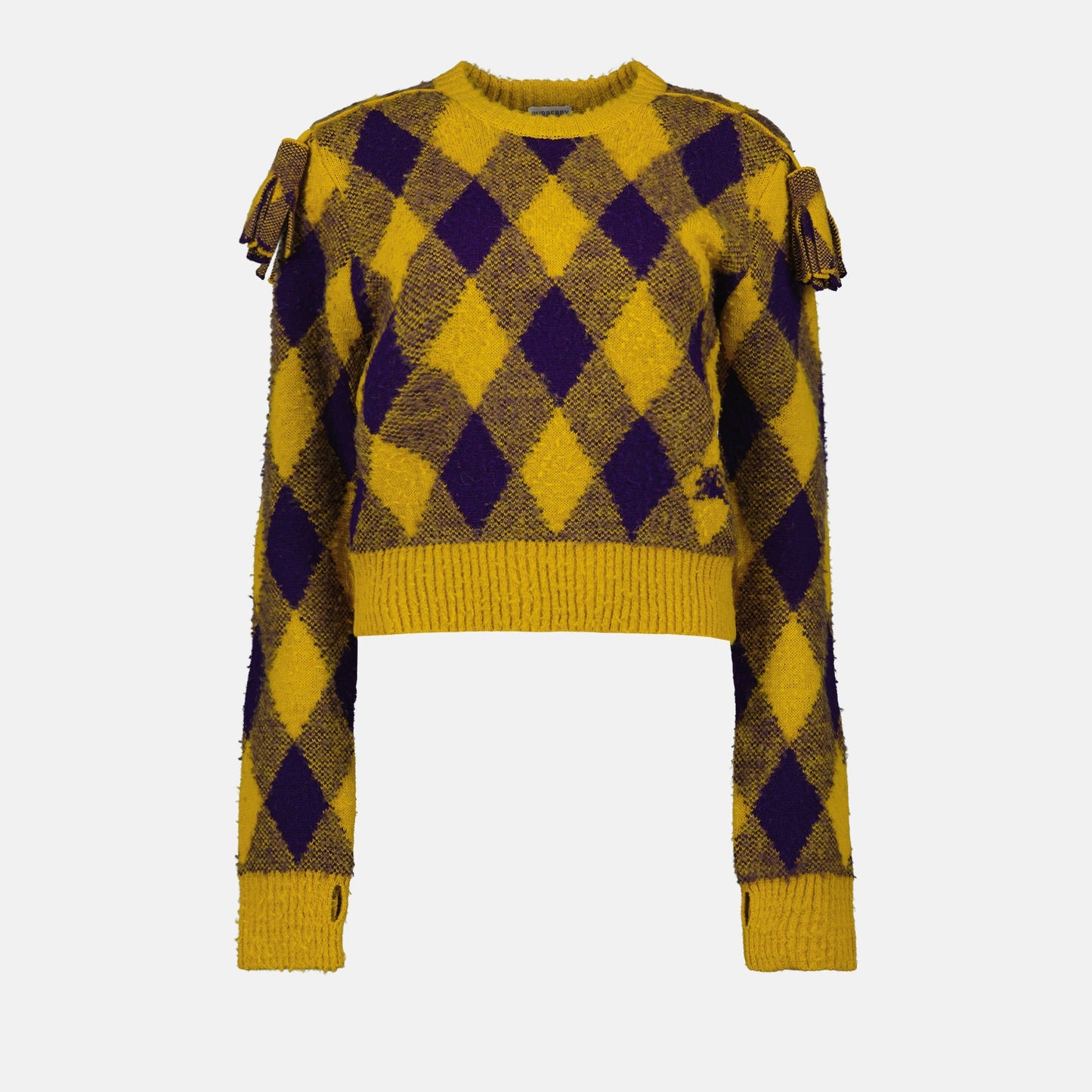 Burberry Argyle sweater, luxury wool sweater, yellow knitwear, high-end fashion, designer wool pullover