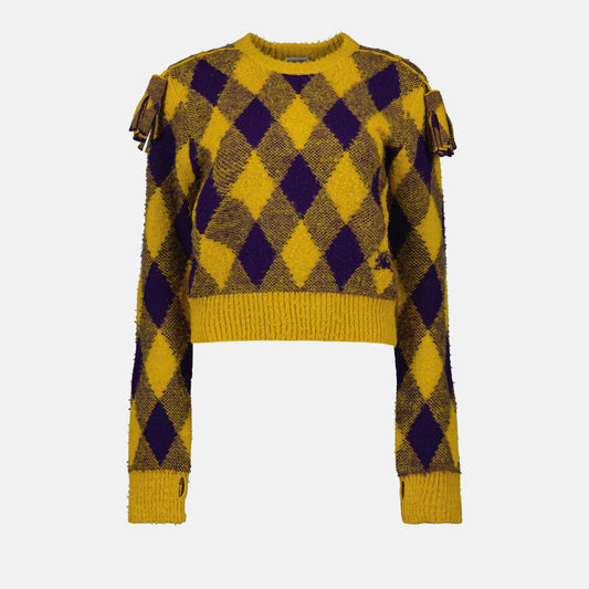 Burberry Argyle sweater, luxury wool sweater, yellow knitwear, high-end fashion, designer wool pullover