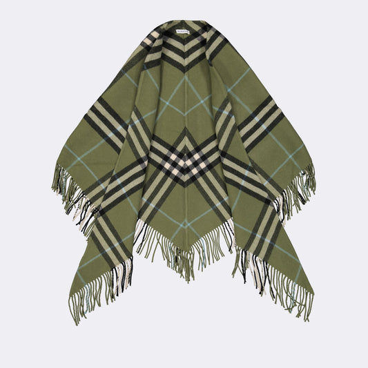 luxurious poncho, Burberry checkered, green fashion, high-end style, versatile outerwear