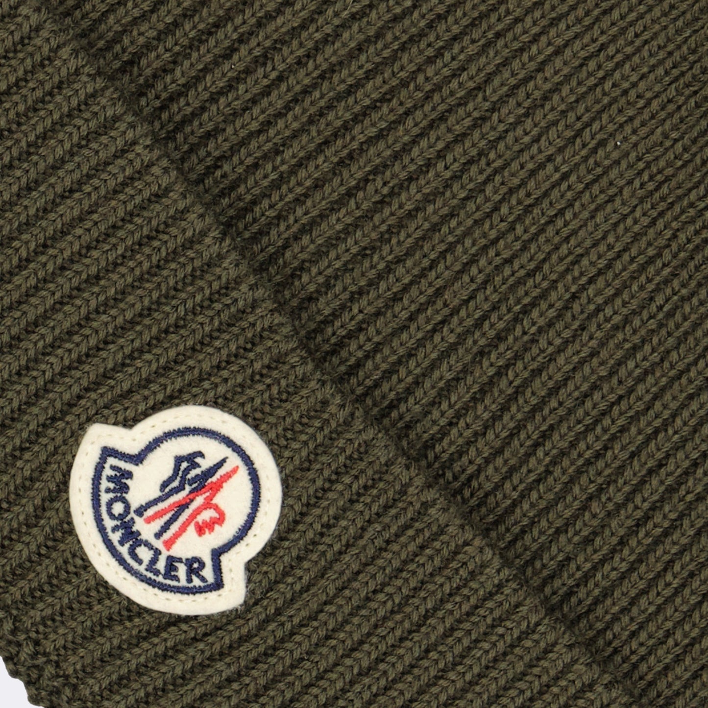 Moncler beanie, khaki green beanie, luxury winter accessories, logo beanie, stylish knitwear