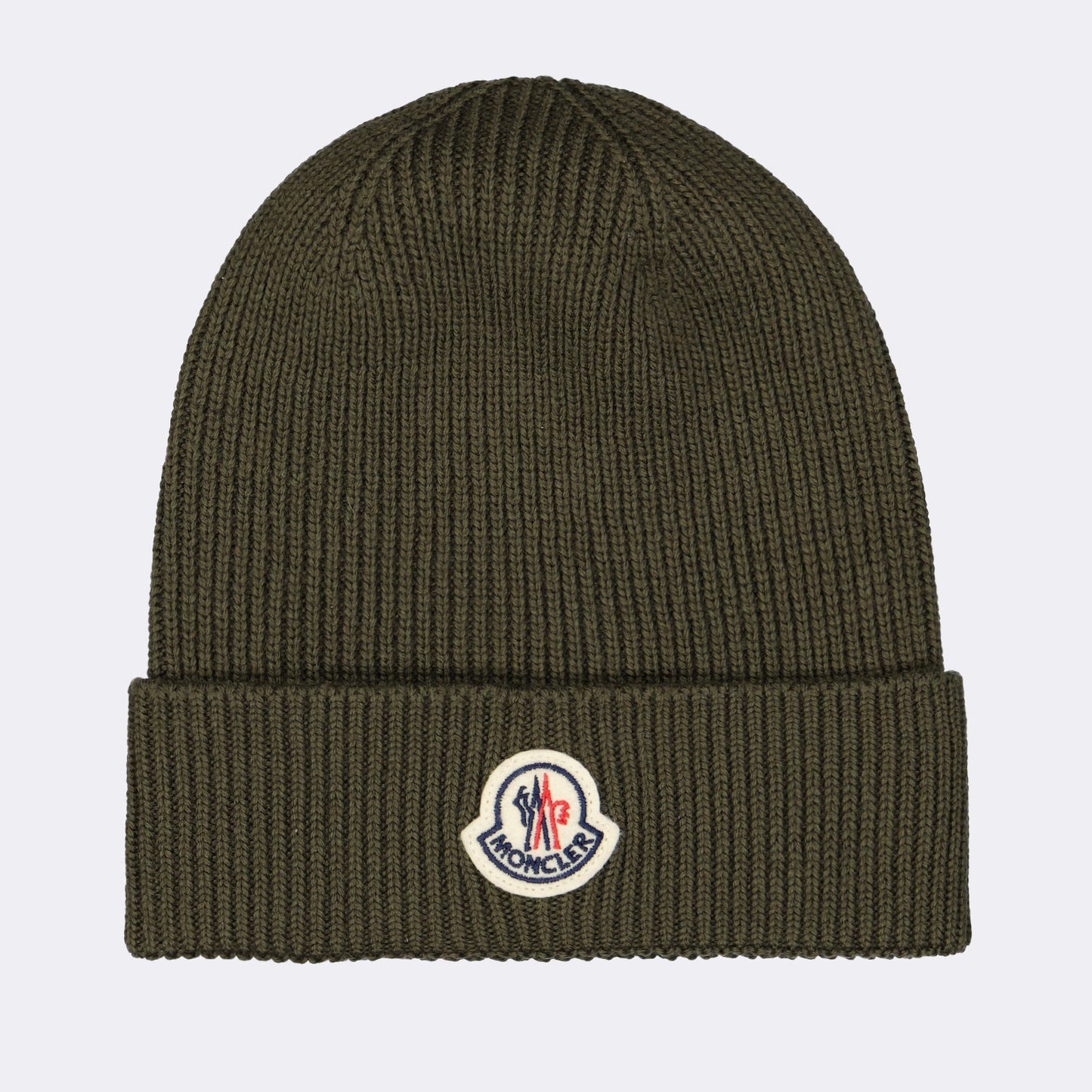 Moncler beanie, khaki green beanie, luxury winter accessories, logo beanie, stylish knitwear