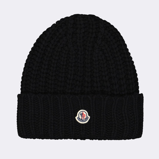 Black Logo Beanie, Moncler Beanie, Luxury Winter Accessory, Designer Hat, Elegant Headwear