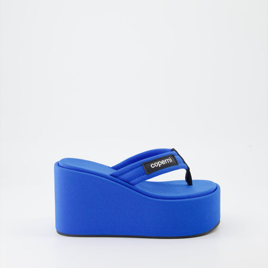 platform tongs, nylon tongs, luxury footwear, Coperni tongs, blue platform sandals