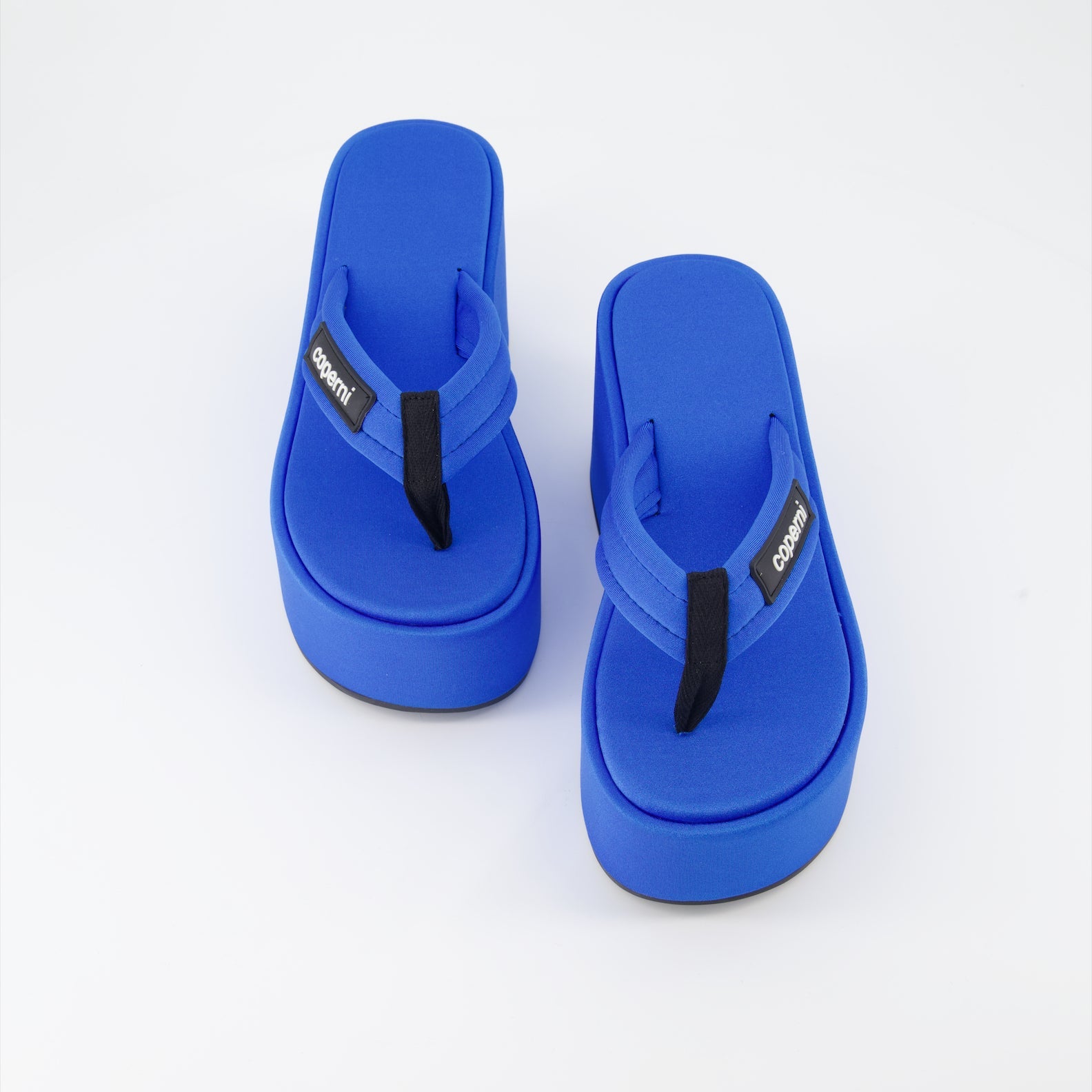 platform tongs, nylon tongs, luxury footwear, Coperni tongs, blue platform sandals