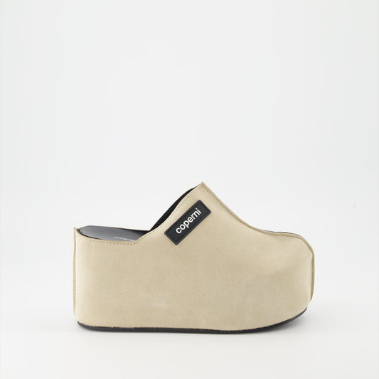 Coperni, suede mules, platform mules, luxury footwear, designer mules