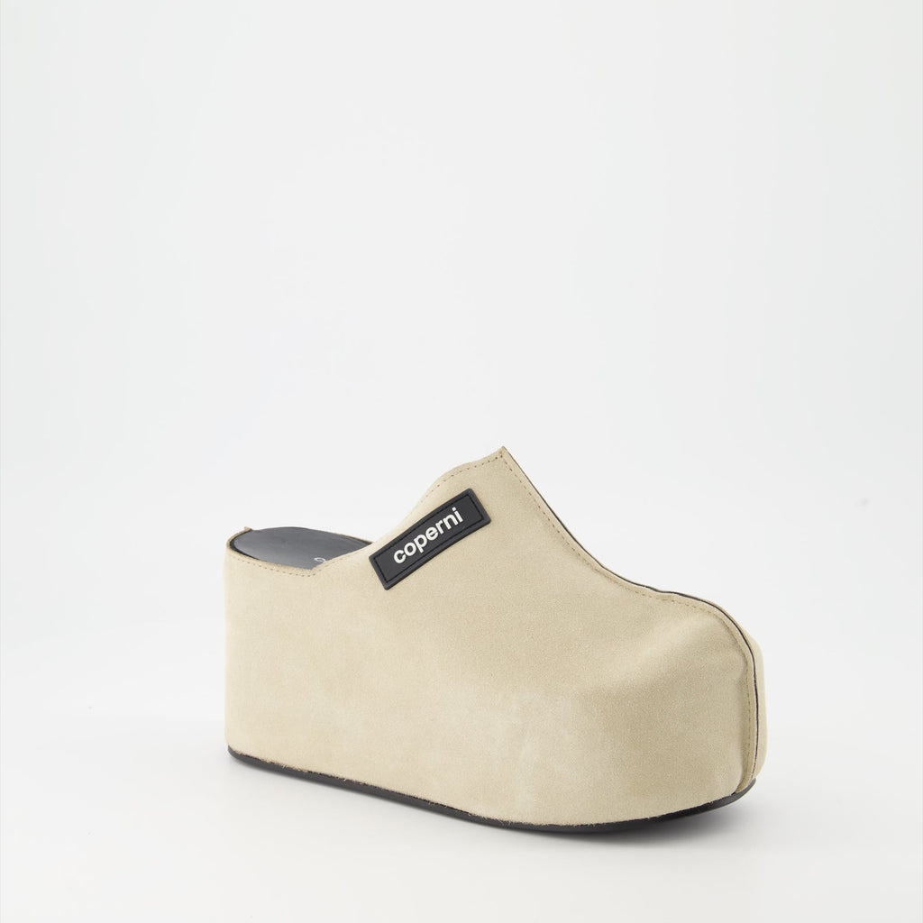 Coperni, suede mules, platform mules, luxury footwear, designer mules