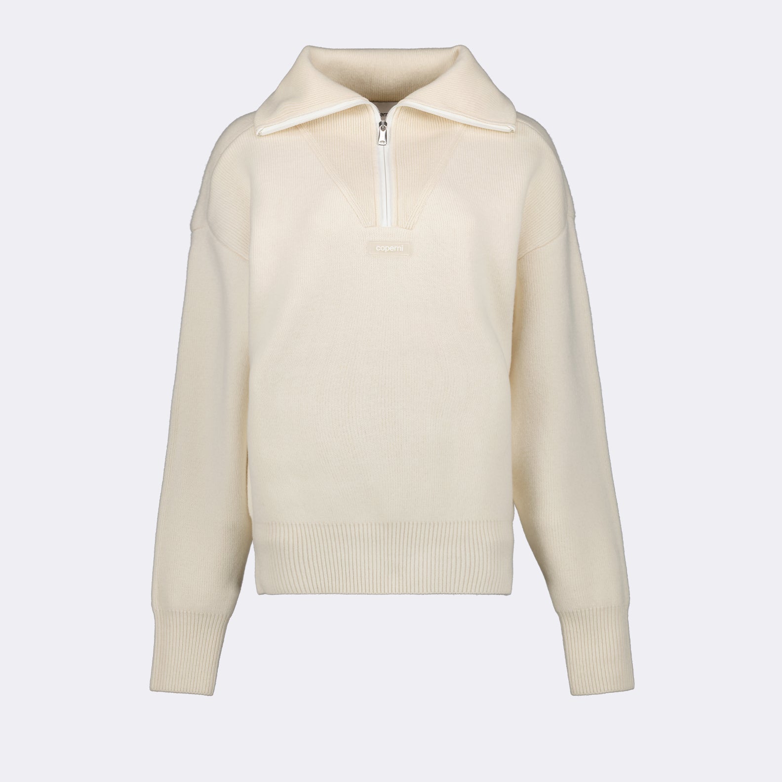 Coperni sweater, zip collar sweater, luxury men's wear, white sweater, designer knitwear