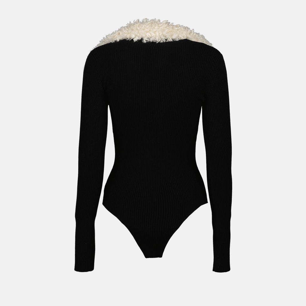 shearling collar bodysuit, luxury bodywear, Coperni bodysuit, black bodysuit, designer fashion