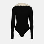 shearling collar bodysuit, luxury bodywear, Coperni bodysuit, black bodysuit, designer fashion