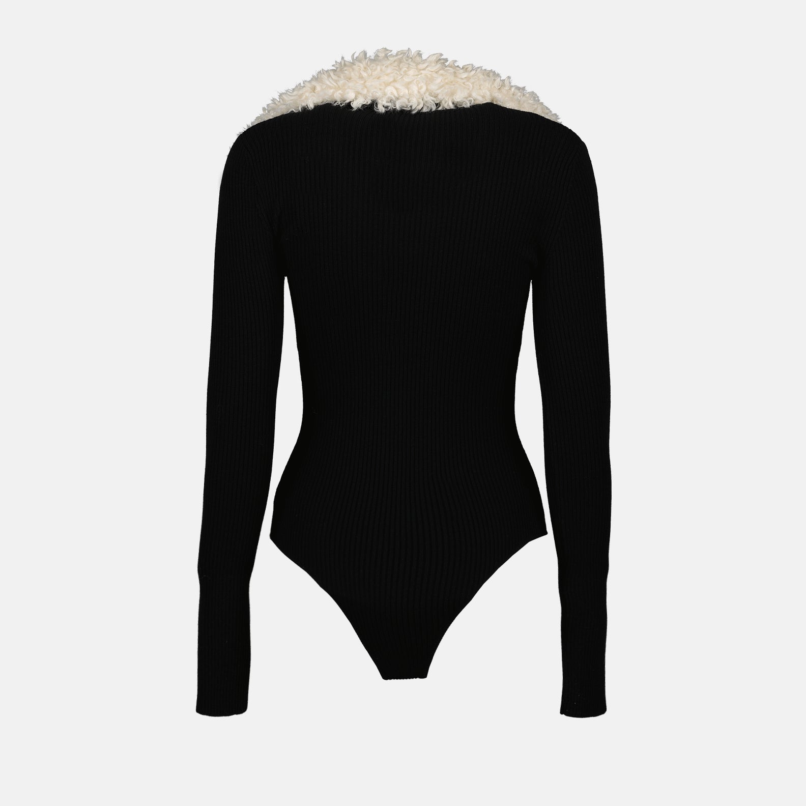 shearling collar bodysuit, luxury bodywear, Coperni bodysuit, black bodysuit, designer fashion