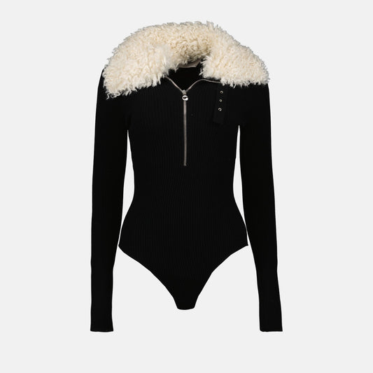 shearling collar bodysuit, luxury bodywear, Coperni bodysuit, black bodysuit, designer fashion